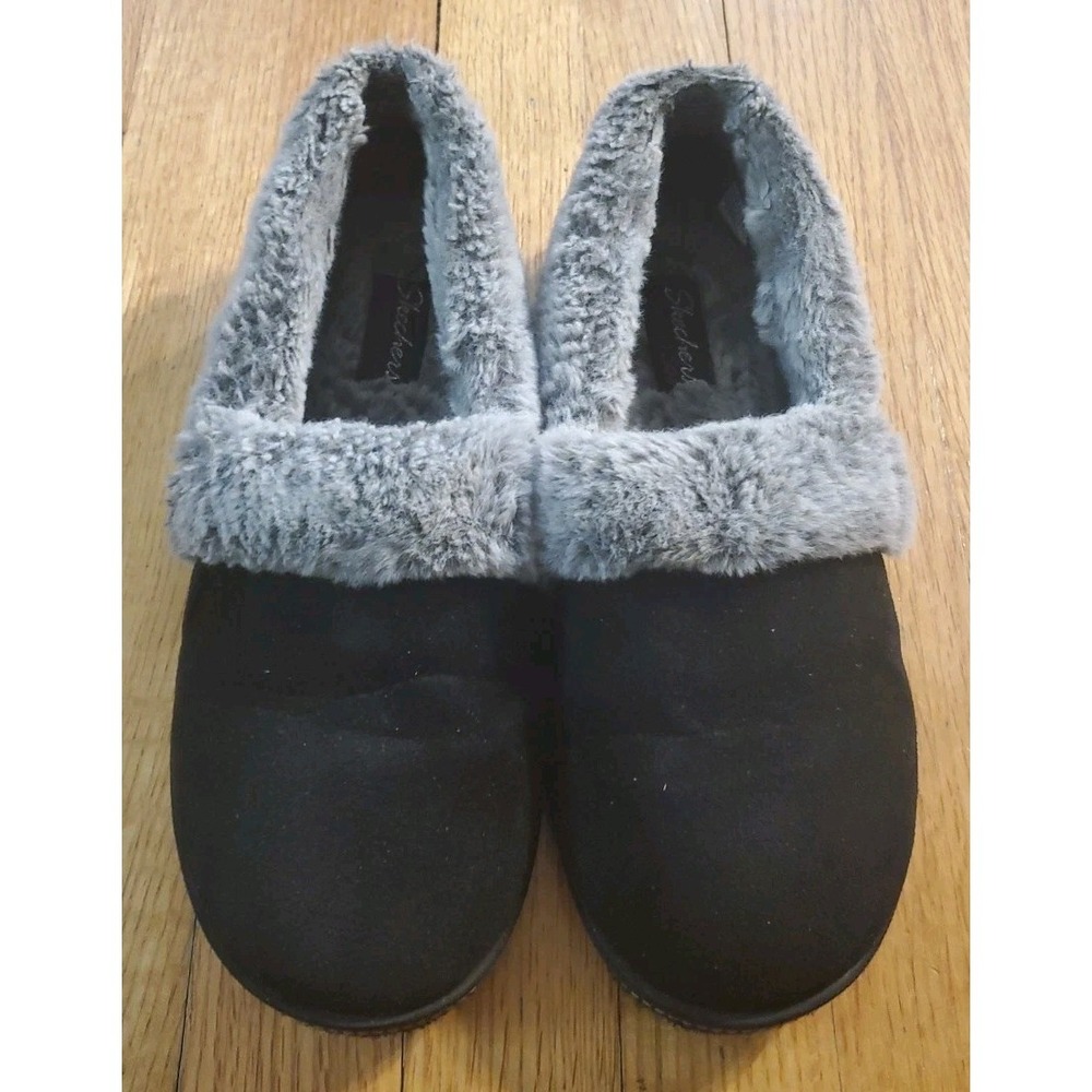 Skechers Black Slippers Size 8.5 Gray‎ Faux Fur Comfort Memory Foam Slip On - Picture 2 of 7